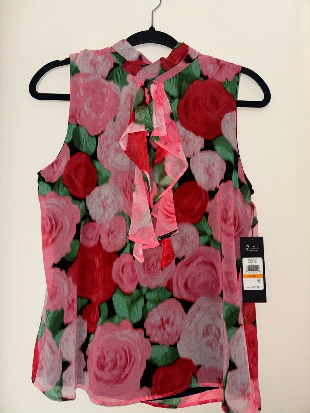 Karl Lagerfeld Pink Red Floral Ruffle Tie-Neck Sleeveless Camisole